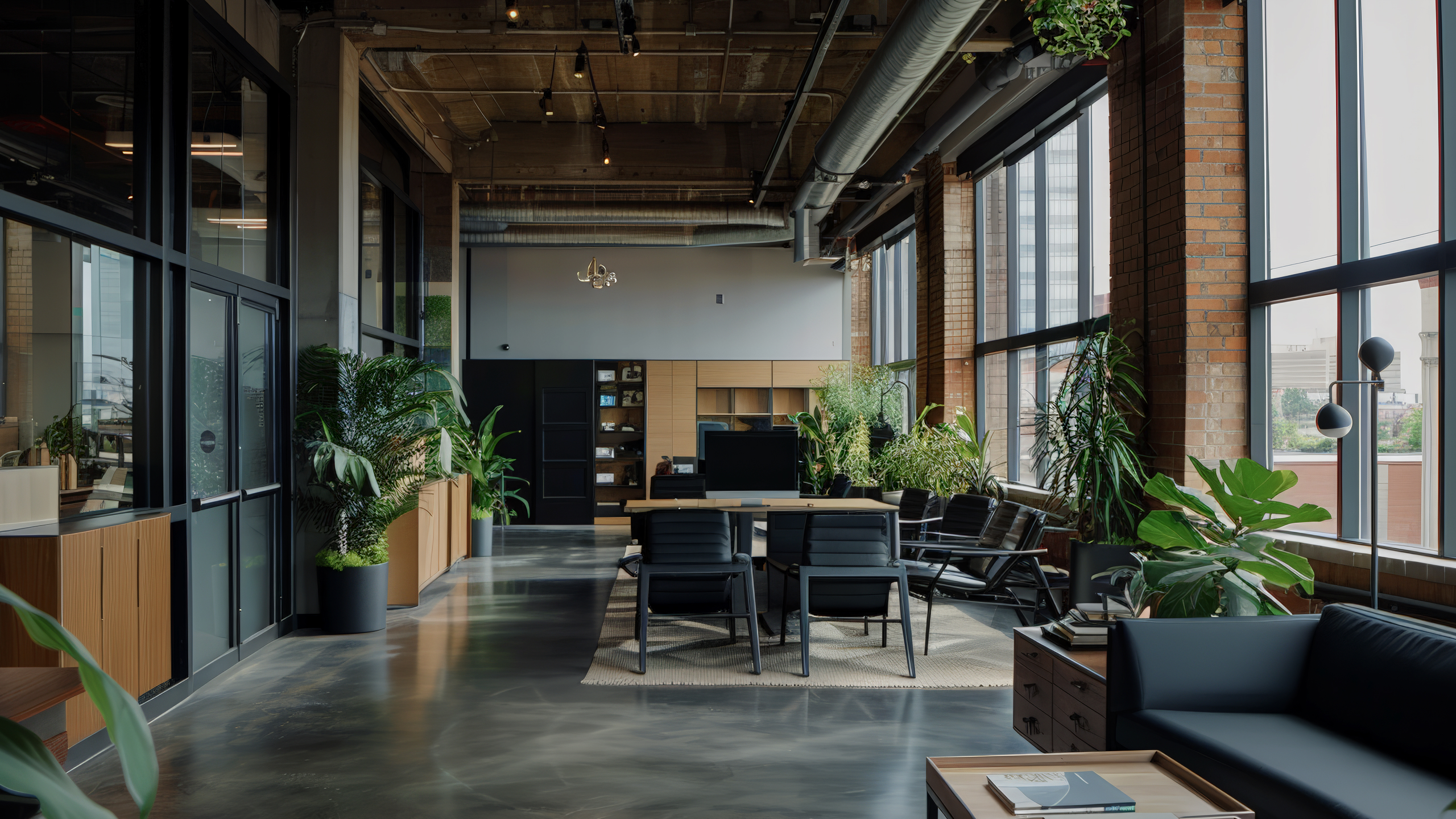 A modern office interior featuring large windows with natural light, exposed brick walls, and industrial elements. The space includes plants, a conference table with black chairs, a lounge area with a dark sofa, and wooden storage units.
